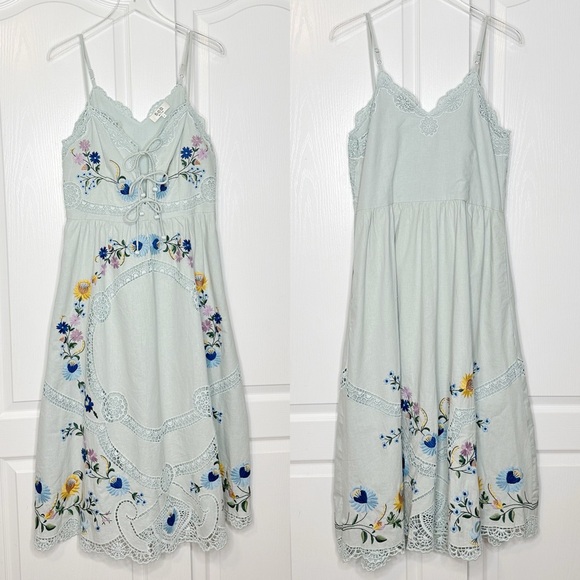Sea NY Celia Embroidered Slip Dress Floral Cotton Linen Midi Size Large - Picture 6 of 16